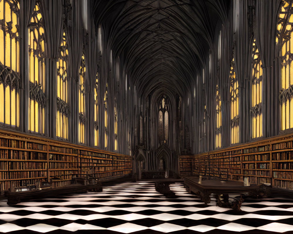 Gothic library with towering bookshelves and stained glass windows