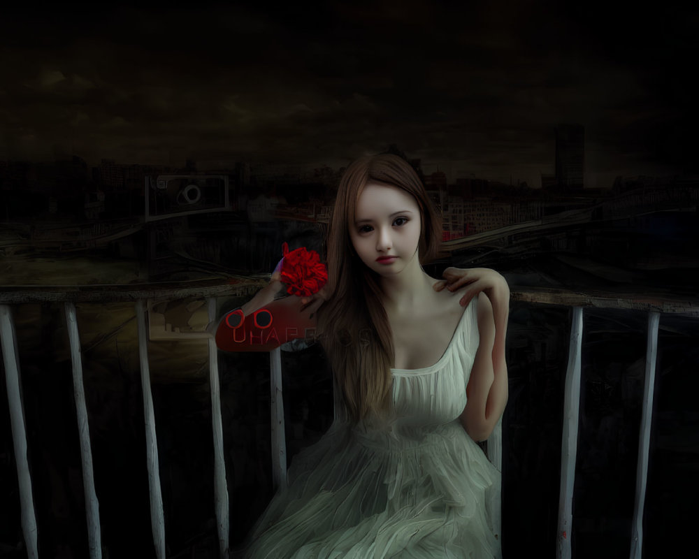 Woman in white dress with red flower on balcony above cityscape