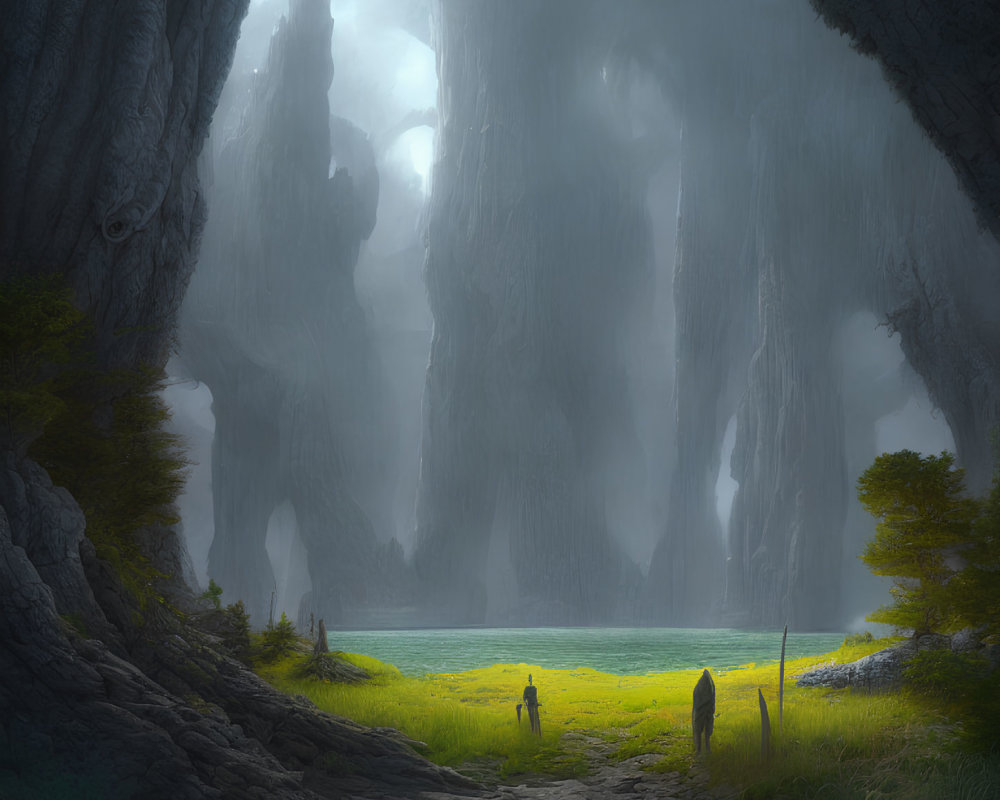 Two Figures in Vast Cavern with Tranquil Lake