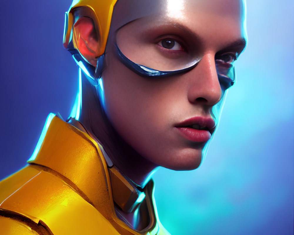 Futuristic portrait with cybernetic headpiece and metallic skin textures