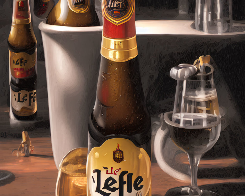 Realistic still-life illustration of Leffe beer bottle, glass, and assorted items on table