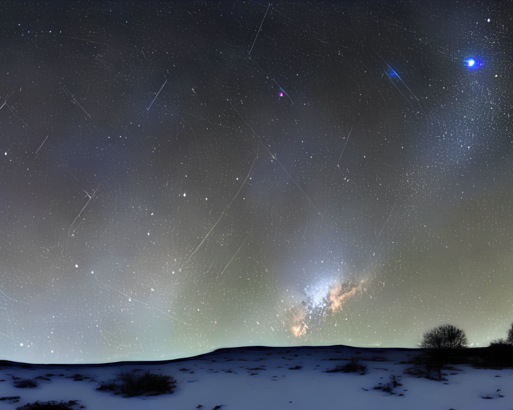 Panoramic night sky with meteor trails, Milky Way, stars, and snow-covered landscape