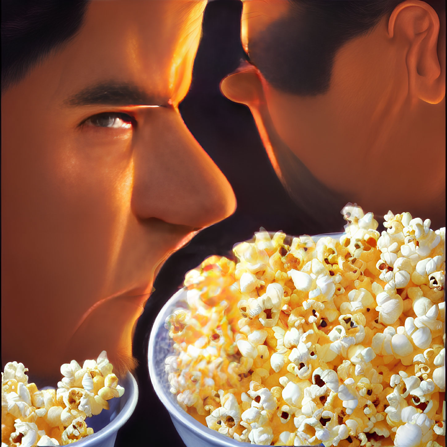 Two men in profile with bowl of popcorn on dark background