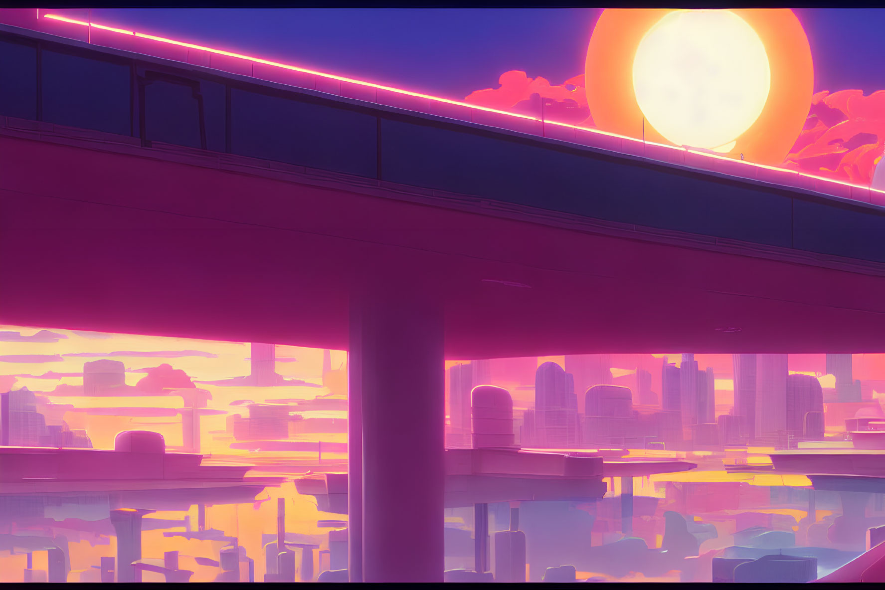 Futuristic cityscape with elevated road and setting sun in pink and purple sky