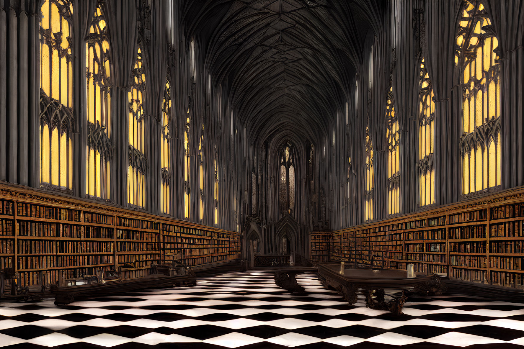 Gothic library with towering bookshelves and stained glass windows