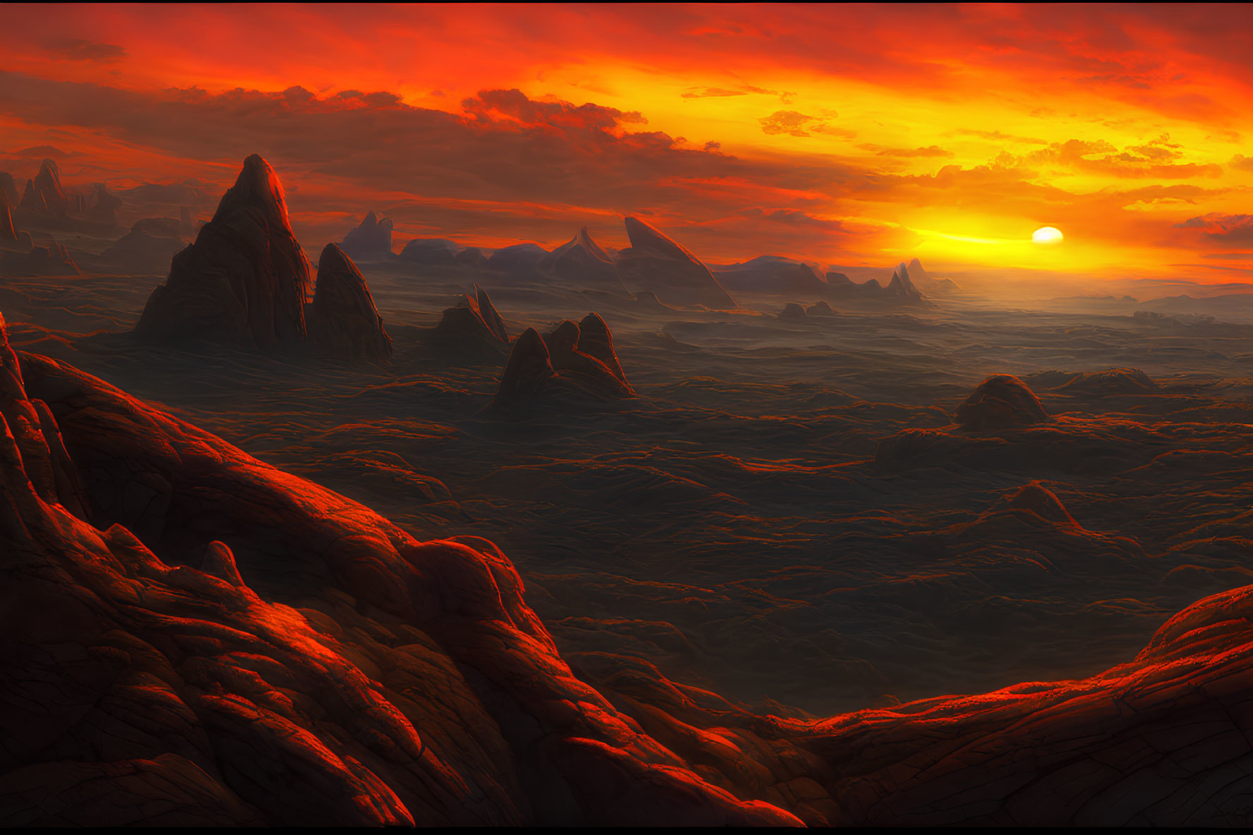 Vibrant sunset over rocky, barren landscape with dramatic spires and ridges