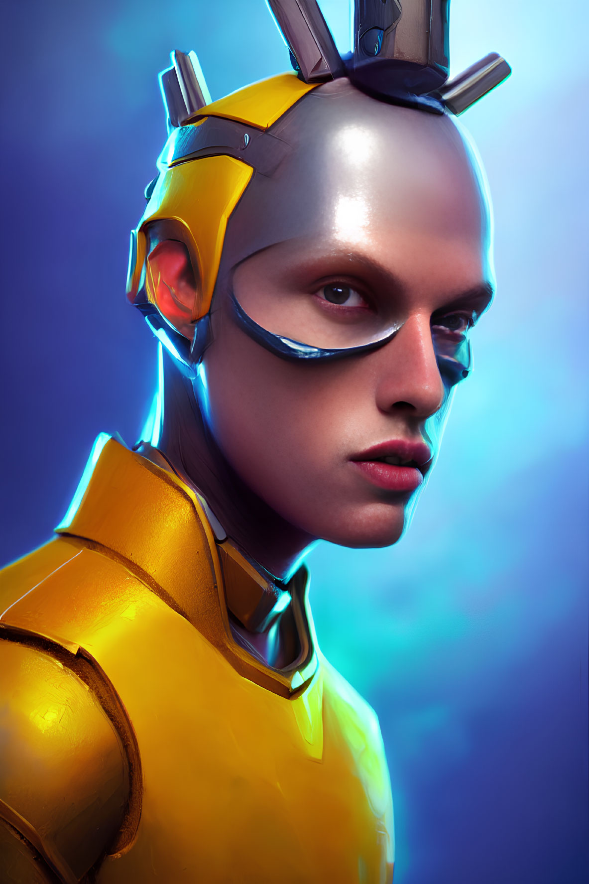 Futuristic portrait with cybernetic headpiece and metallic skin textures