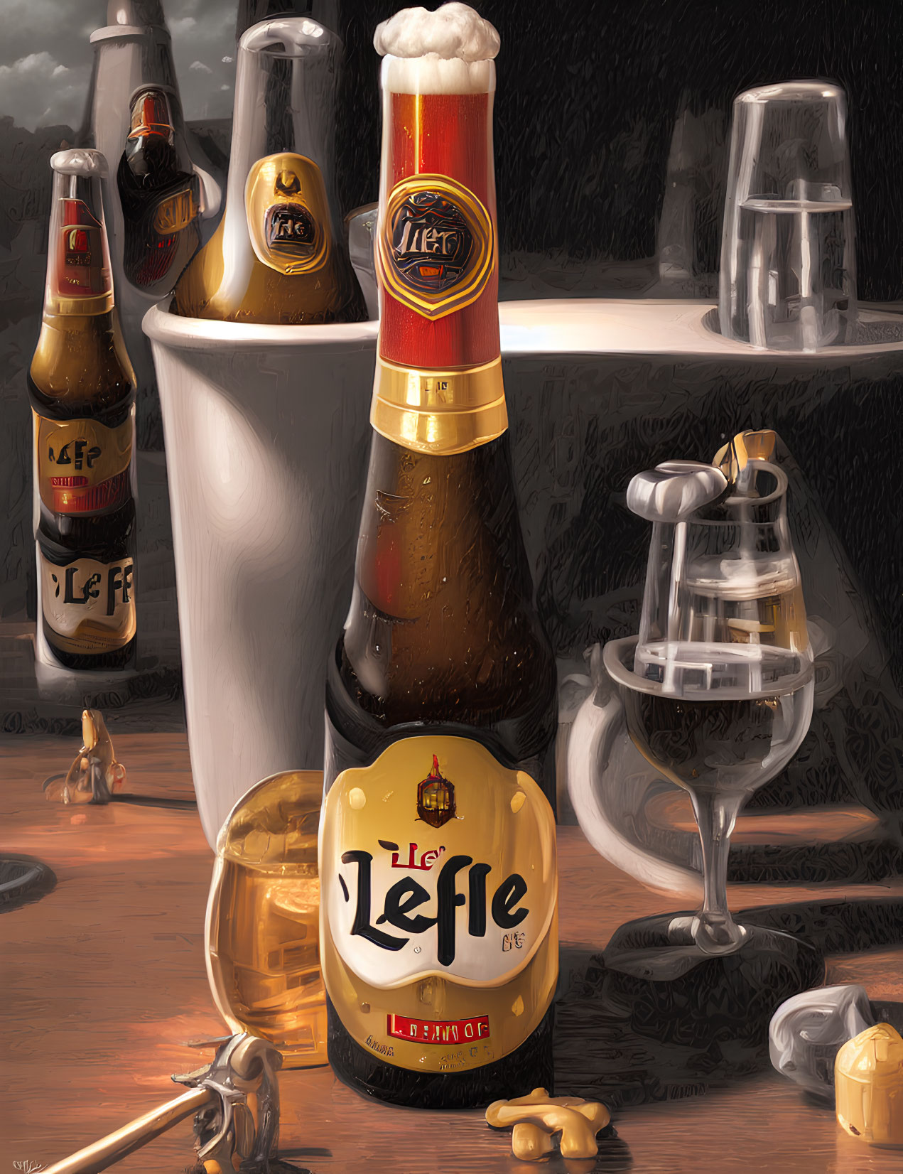 Realistic still-life illustration of Leffe beer bottle, glass, and assorted items on table