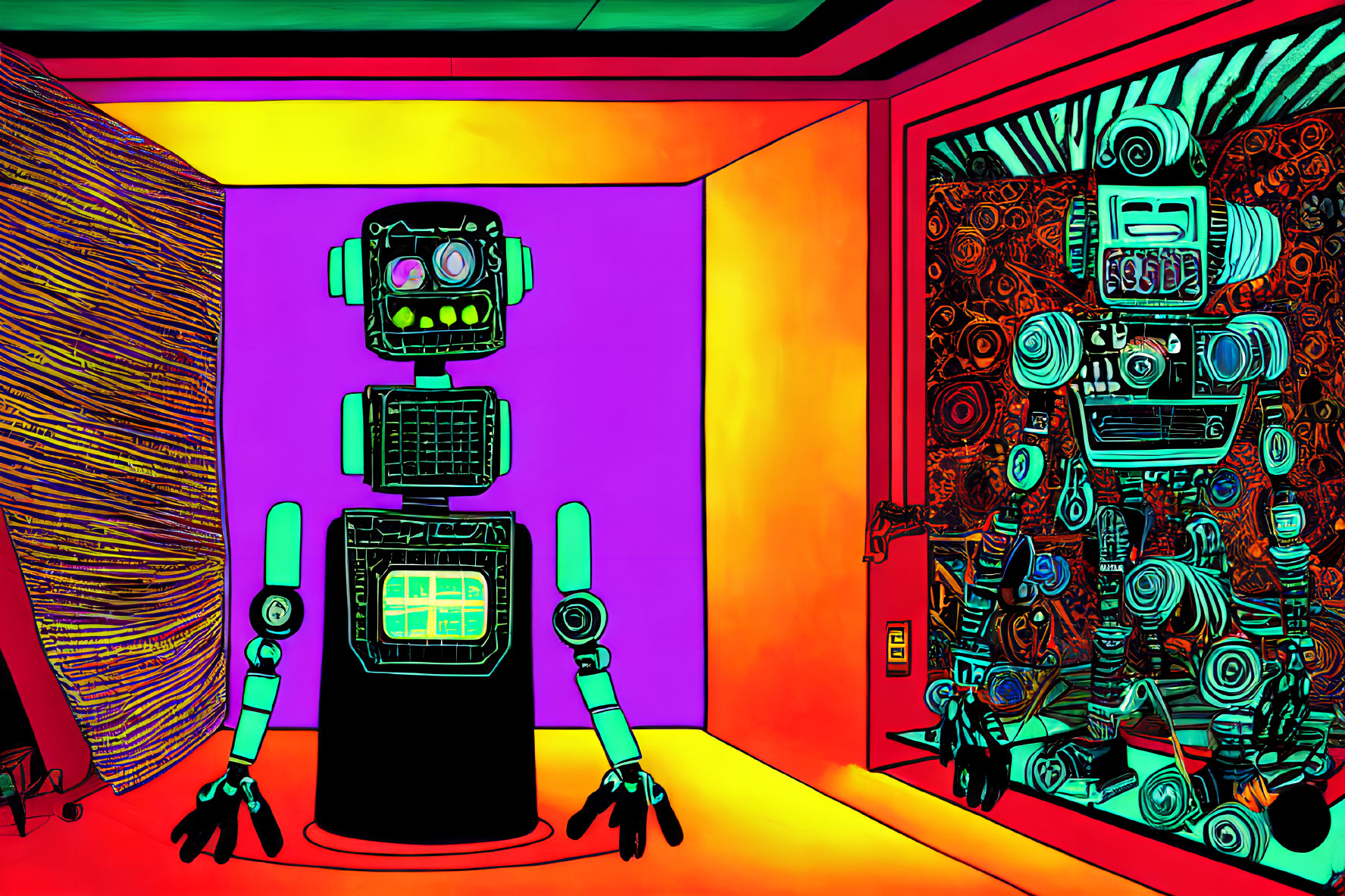 Vibrant artwork featuring two stylized robots in a colorful room