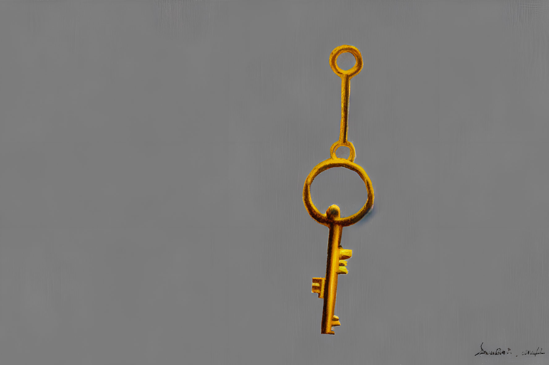 Golden key with ornate handle on grey background with signature