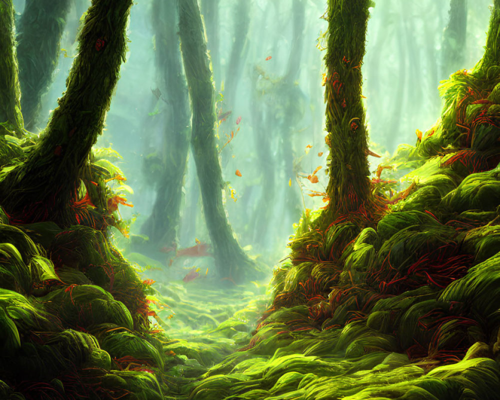 Enchanting forest scene with sunbeams, moss-covered ground, and red leaves