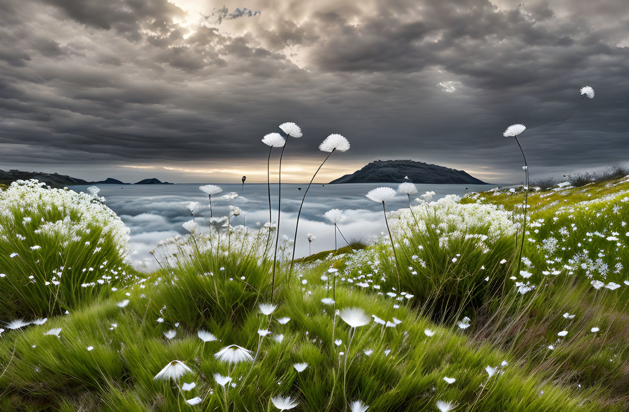 Dramatic landscape with white flowers, rolling hills, and cloudy sky