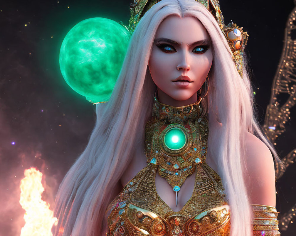 Fantasy digital artwork: ethereal woman with blue eyes, white hair, gold jewelry, and green