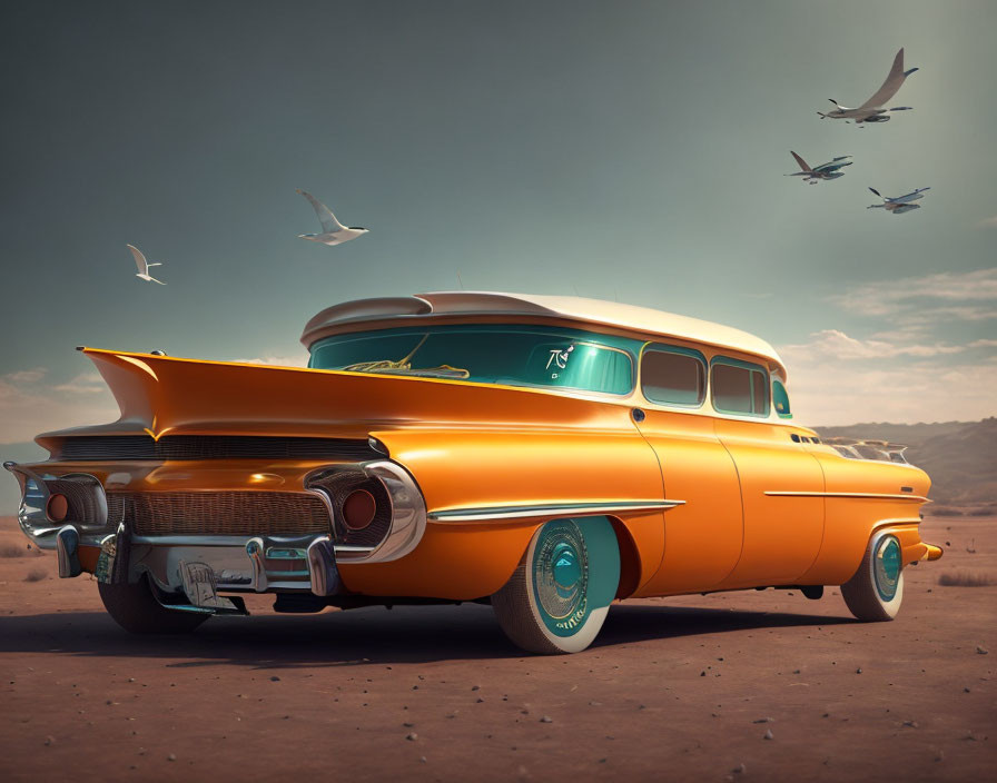 Vintage Orange Car with Tailfins in Desert Landscape with Stylized Birds and Flying Saucer