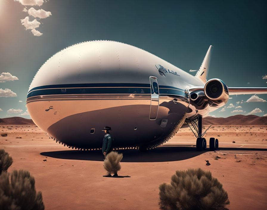 Person standing in front of oversized spherical airplane on desert tarmac