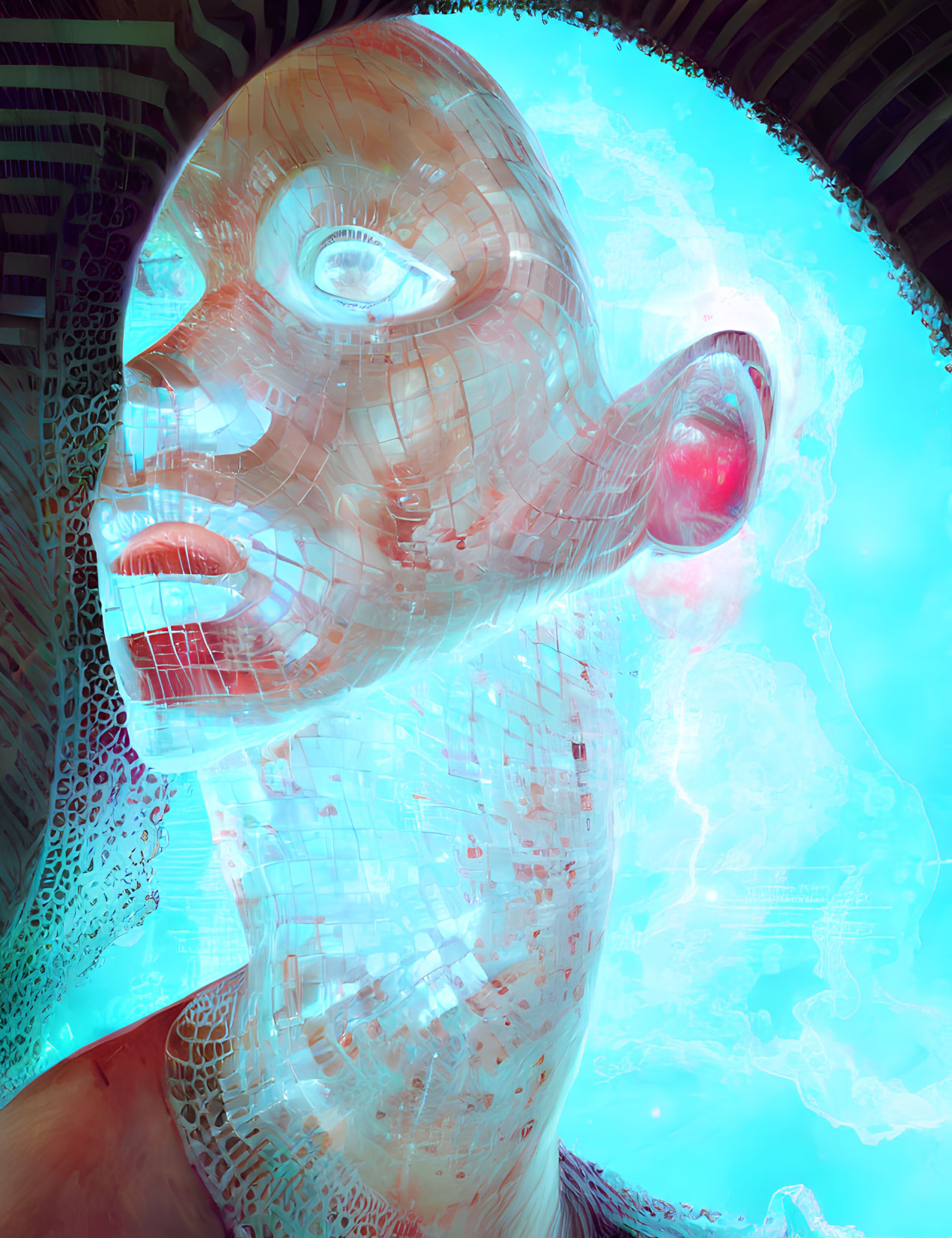Translucent wireframe humanoid head on abstract blue background