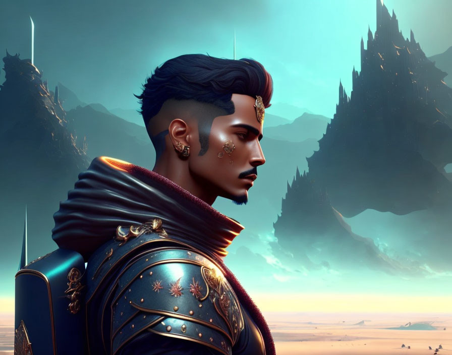 Male character portrait with dark hair, earring, ornate armor, crown, fantasy landscape.