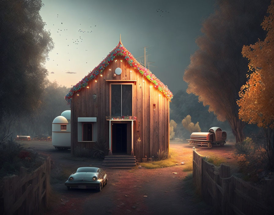 Rustic wooden cabin with string lights, vintage car, and autumn trees at dusk