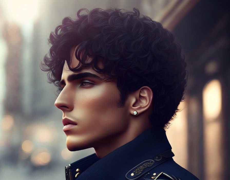 Young man with curly hair in military-style jacket portrait.