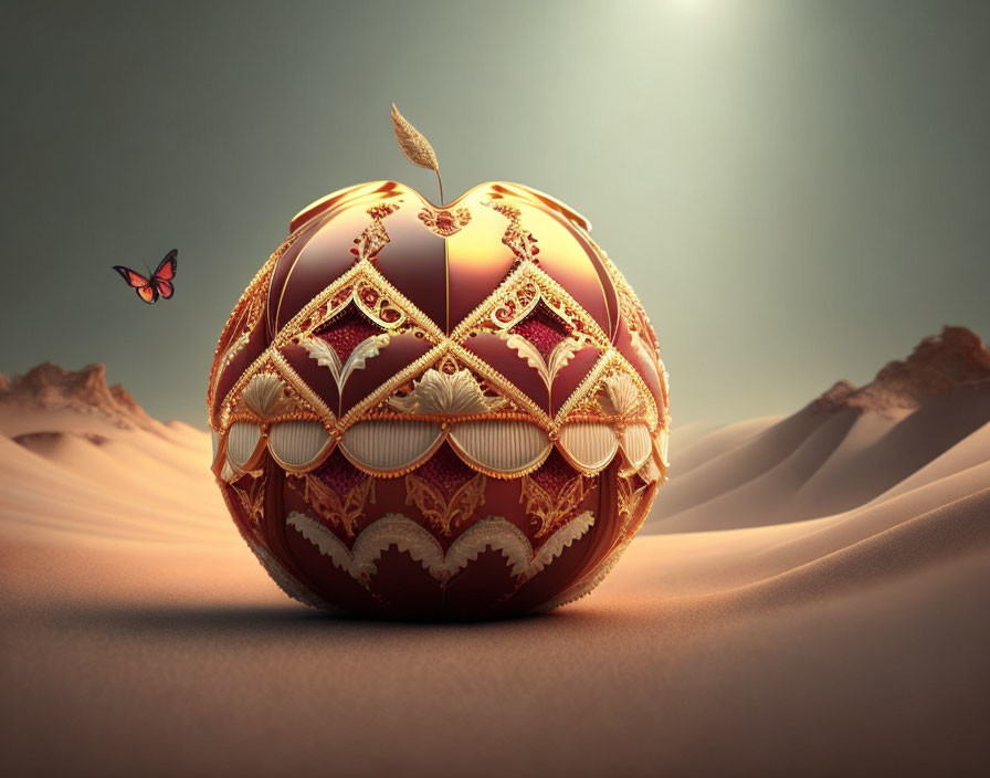 Digital artwork: Golden apple on desert sands with butterfly and mountains