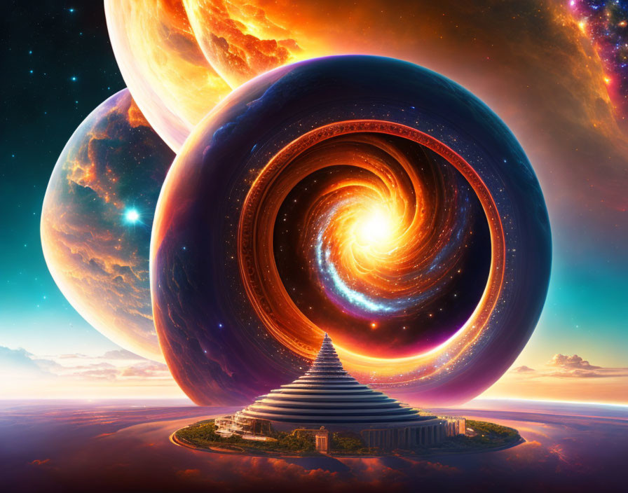 Surreal cosmic landscape with spiraling galaxy and pyramid structure at sunset