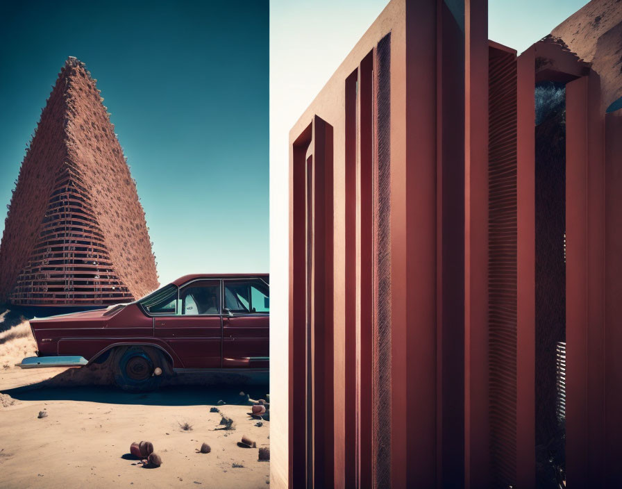 Vintage Red Car Parked by Large Conical Building in Desert Environment