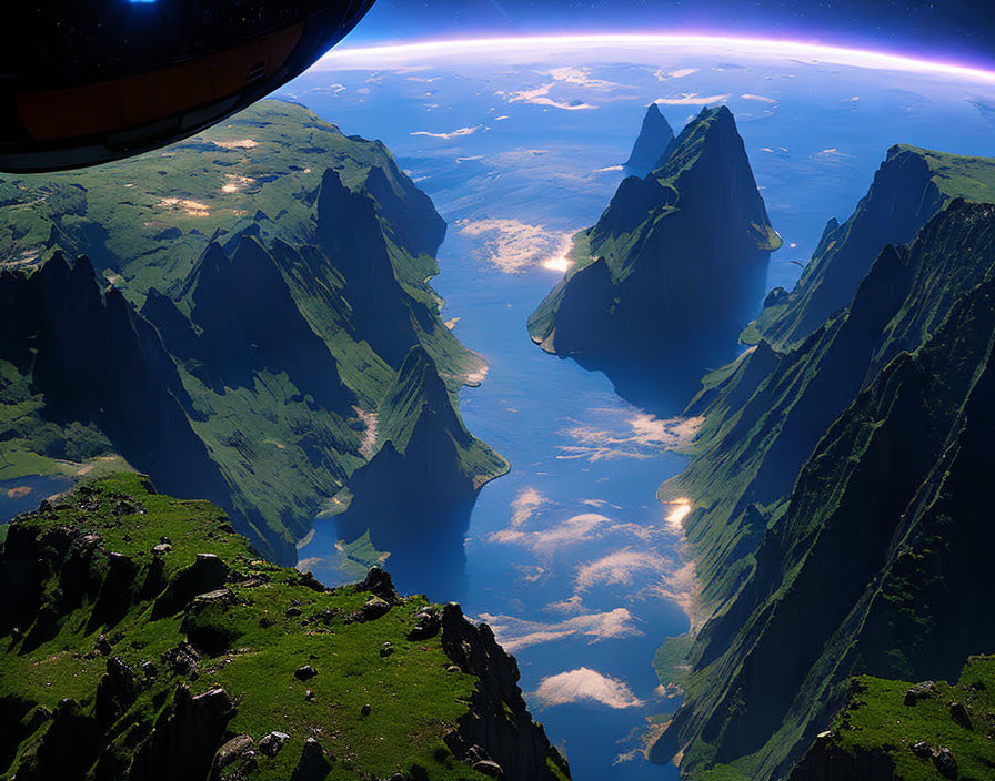 Futuristic landscape with green mountains, river, meadows, and spaceship