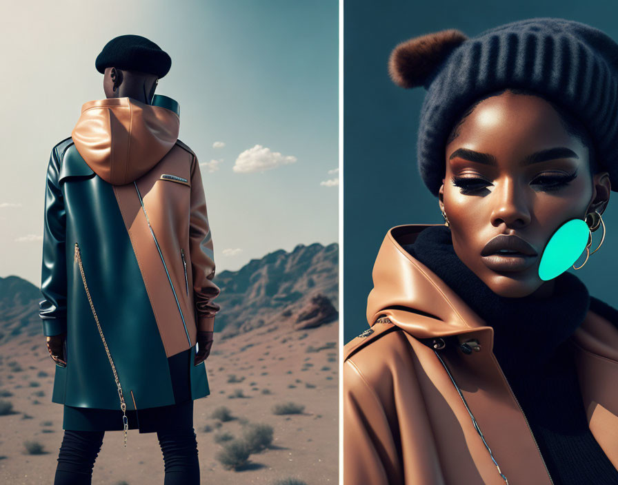 Split-screen image: Stylish person in color-blocked coat in desert next to woman with bold makeup