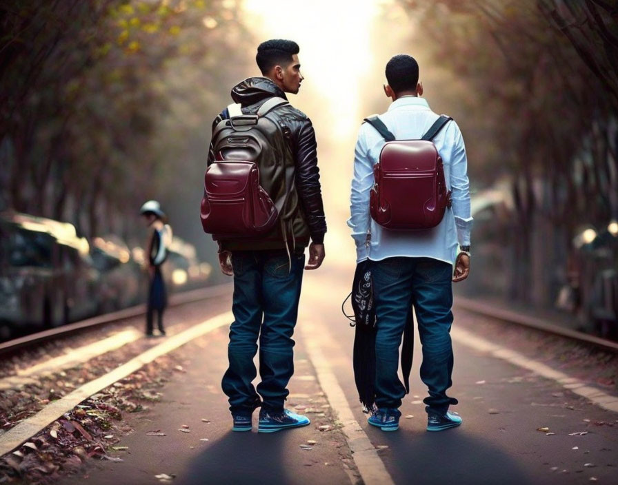 Two men on railway tracks with backpacks, trees overhead, and person in background