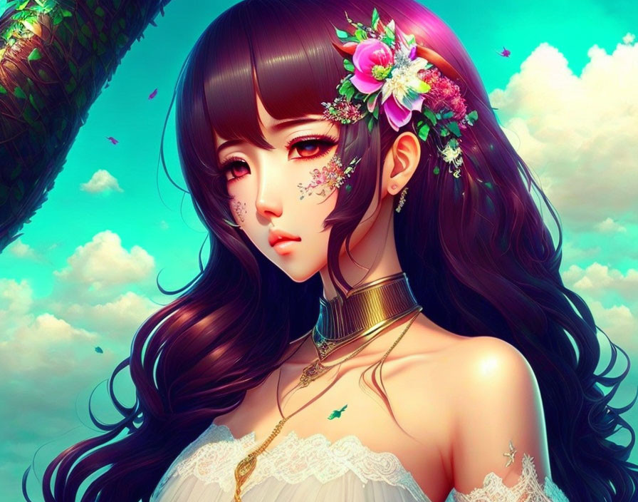 Female animated character with long brown hair and gold necklace in vibrant sky scenery