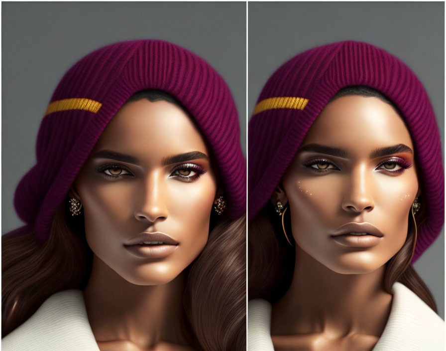 Digital portrait of woman with tanned skin in purple beanie and cream outfit, featuring dual facial expressions