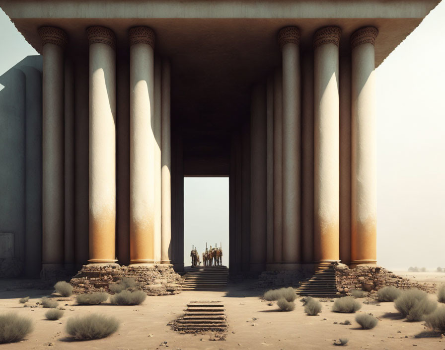 Group of people at entrance of ancient columned structure in desert with long shadows