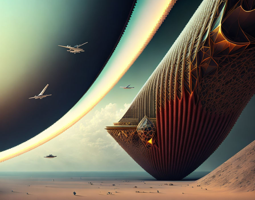 Large intricate structure in futuristic desert landscape with aircraft under dual-toned sky