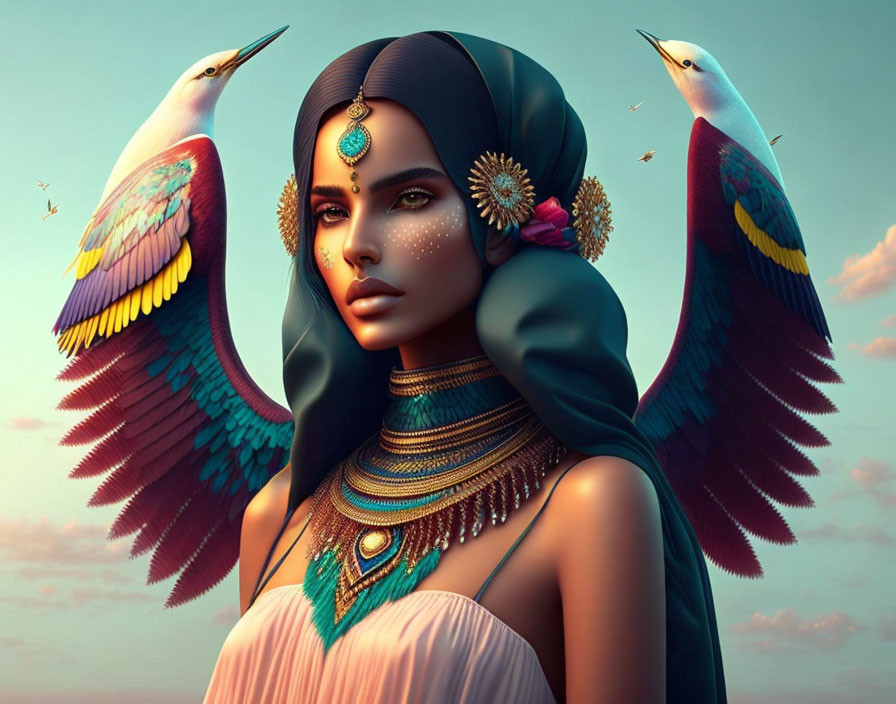 Woman adorned with intricate jewelry beside vibrant birds in twilight setting