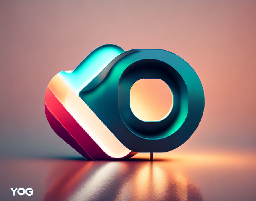 Neon gradient 3D letter "Q" reflecting on glossy surface with "YOG" text