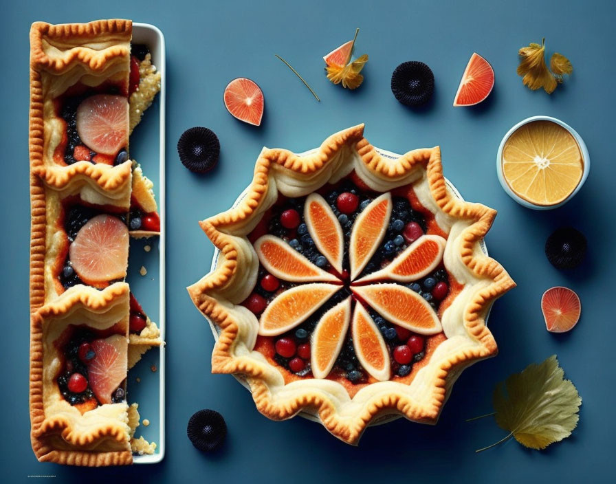 Colorful Citrus and Berry Tarts on Blue Background with Fresh Fruit Decoration