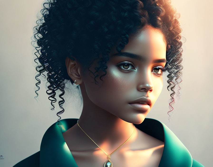 Young woman digital portrait with curly hair and turquoise top