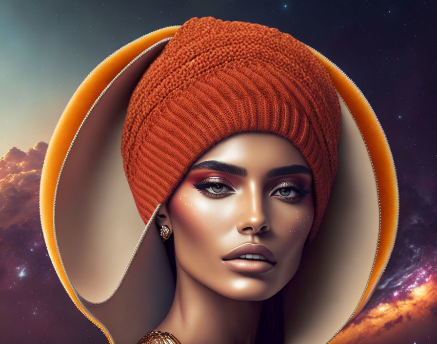 Digital Artwork: Woman with Striking Makeup and Orange Beanie Hat in Cosmic Setting