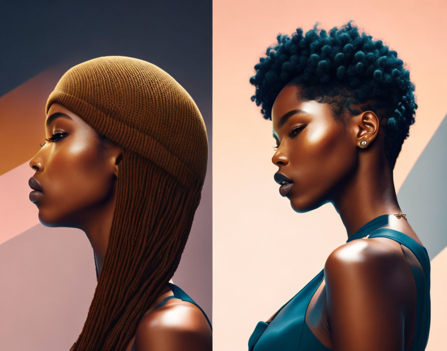 Side profile portraits of model with different hairstyles on color-gradient background