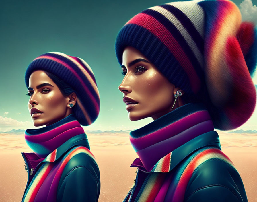 Stylized portraits of person with striking makeup in striped hats and scarves