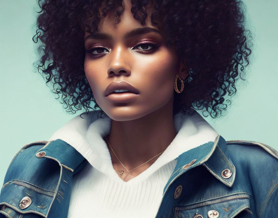 Curly-Haired Woman Portrait in Denim Jacket and Gold Earrings