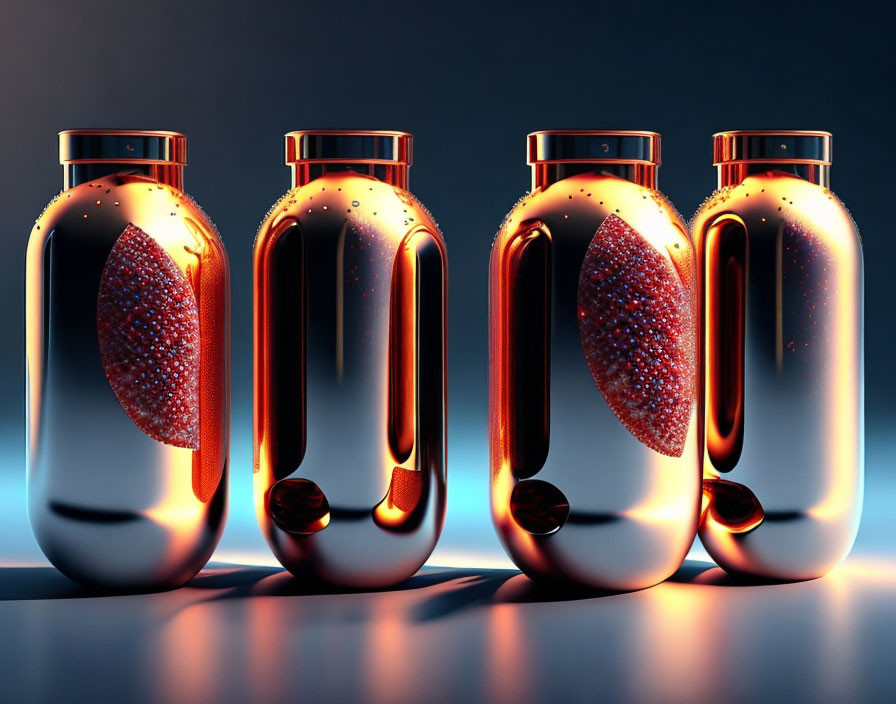 Futuristic glass capsules with sparkling substances in dark blue background