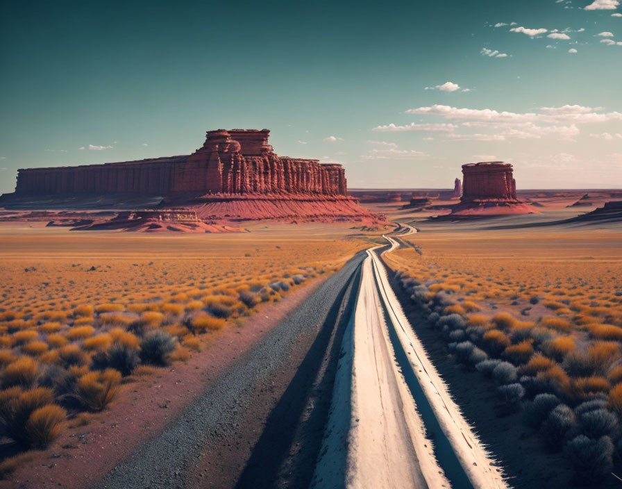 Desert landscape with red rock formations and straight road