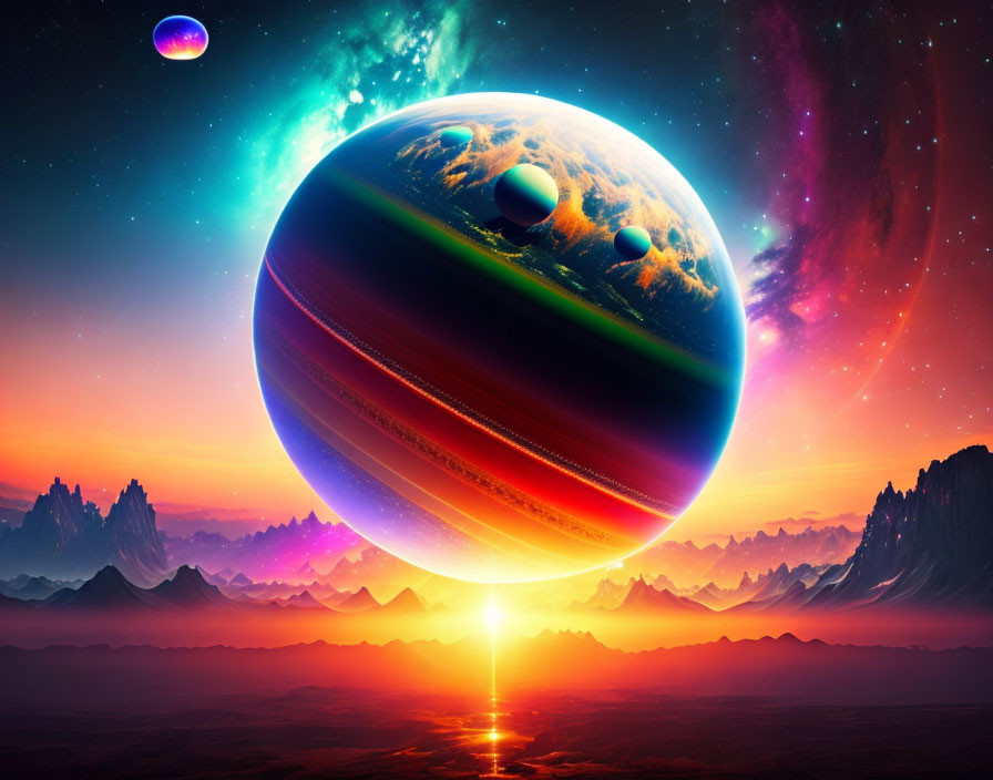 Colorful digital artwork: Large planet over alien landscape