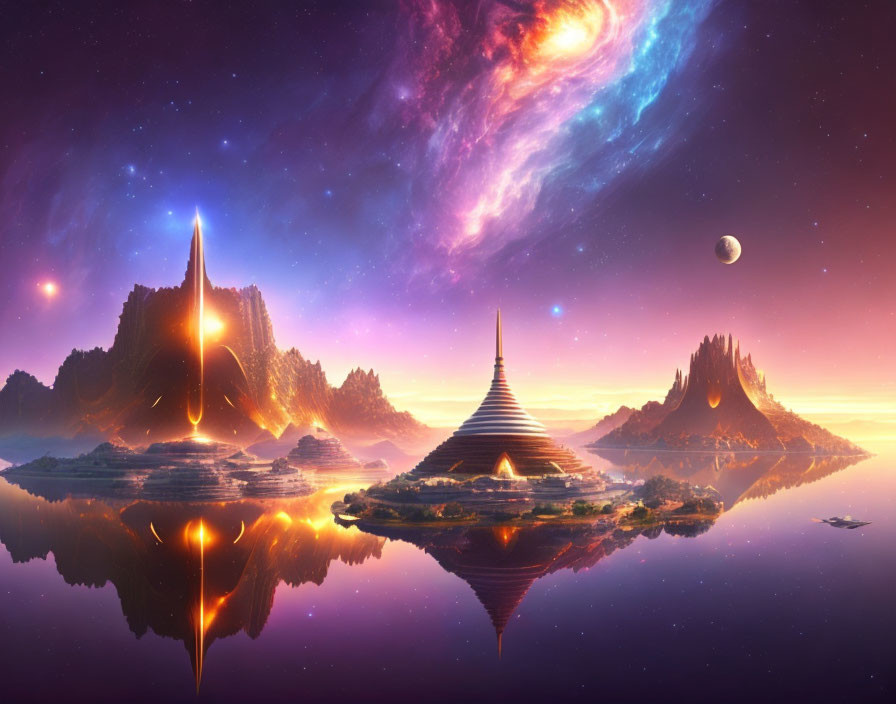 Vibrant cosmic landscape with otherworldly structures and celestial bodies