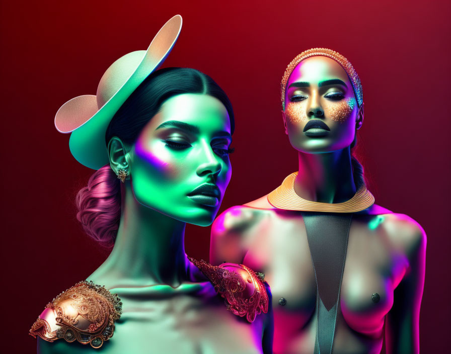 Artistic makeup on two women with colorful lighting, one in a hat and the other with a gold