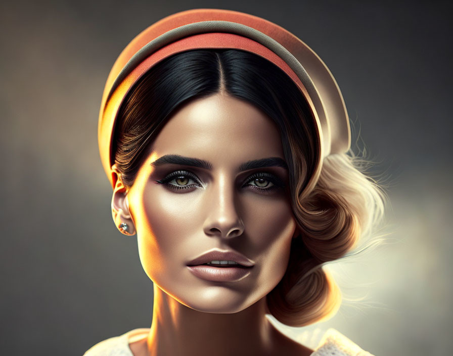 Stylized portrait of woman with peach hat and striking makeup