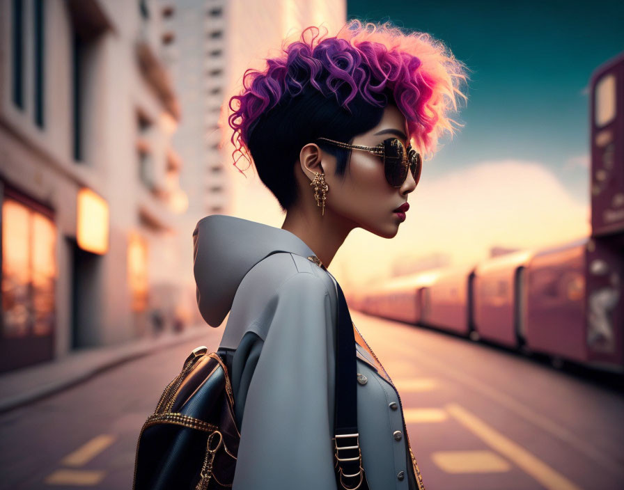 Purple-haired woman in sunglasses with chic backpack on city street with passing train