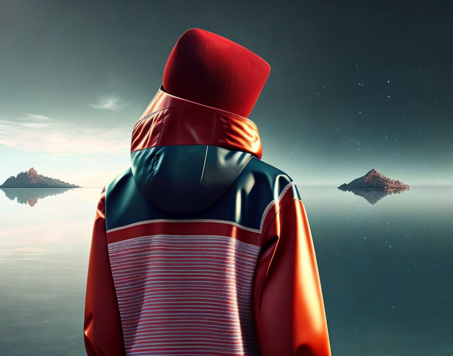 Person in Vibrant Red Cloak Gazing at Calm Sea with Stars and Islands