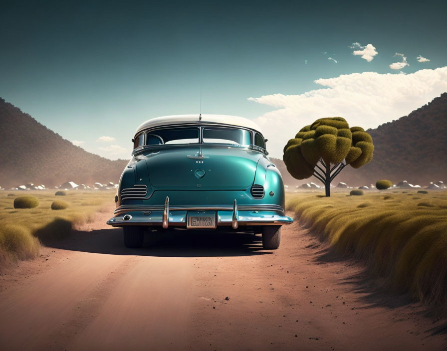 Vintage car on dusty road with mountains, unique trees, and hazy sky.